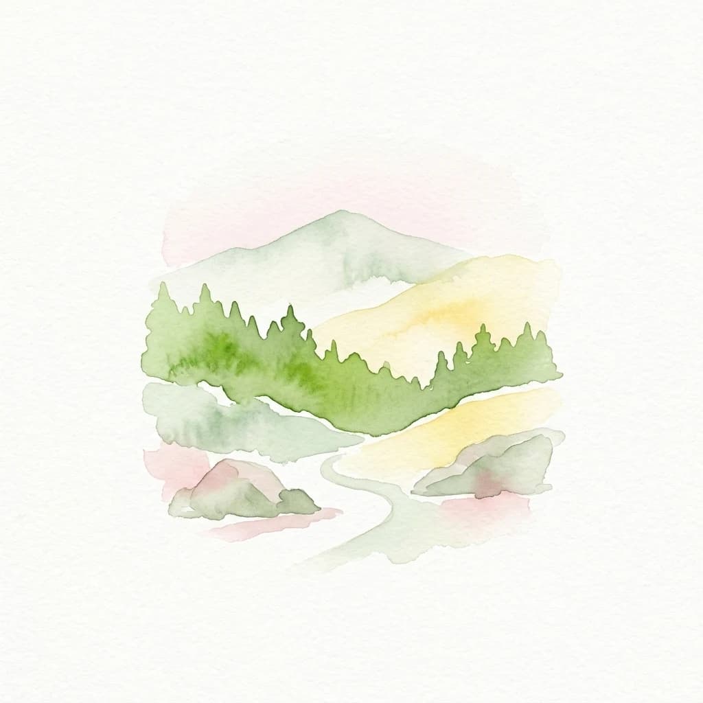 Ilustración de acuarela que muestra un paisaje forestal montañoso con árboles verdes, un río sinuoso y formaciones rocosas