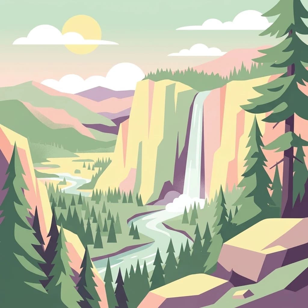 Illustration showing a waterfall cascading down a cliff, surrounded by pine trees, a river, and distant mountains with clouds