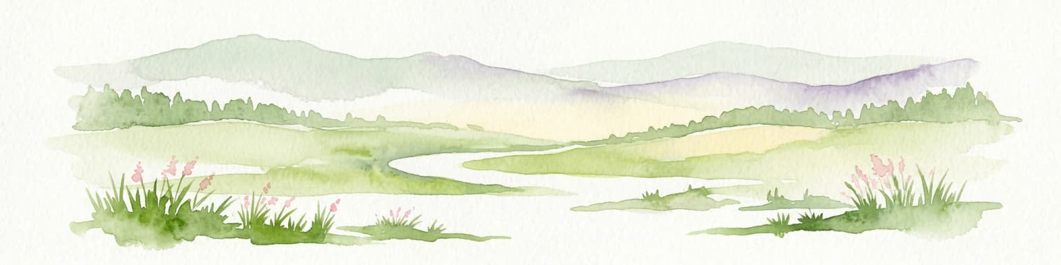 Ilustración en acuarela que muestra un río que fluye a través de un valle con colinas verdes al fondo y zonas de hierba con flores rosas