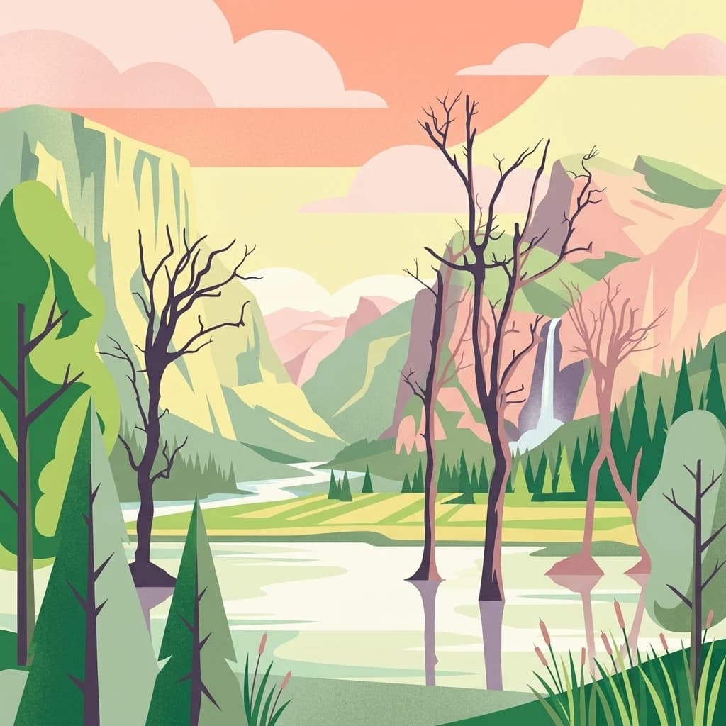 Ilustración de un paisaje con montañas verdes, un río, árboles desnudos y una cascada bajo un cielo colorido
