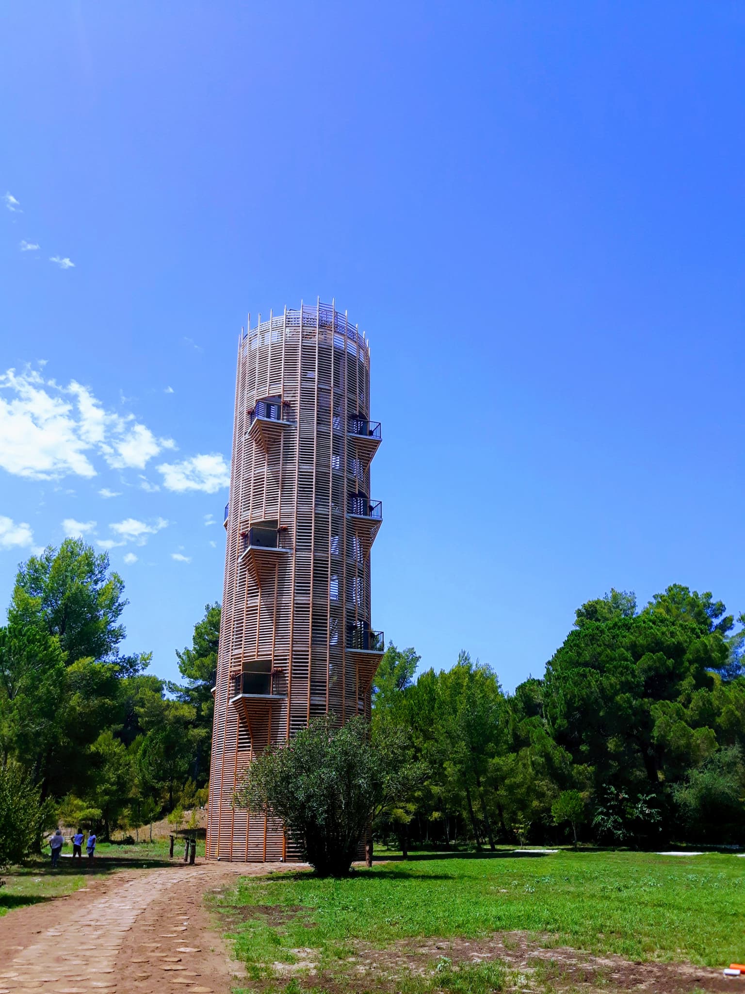 Tall wooden observation tower with multiple viewing platforms, surrounded by green fields and trees under a clear blue sky.