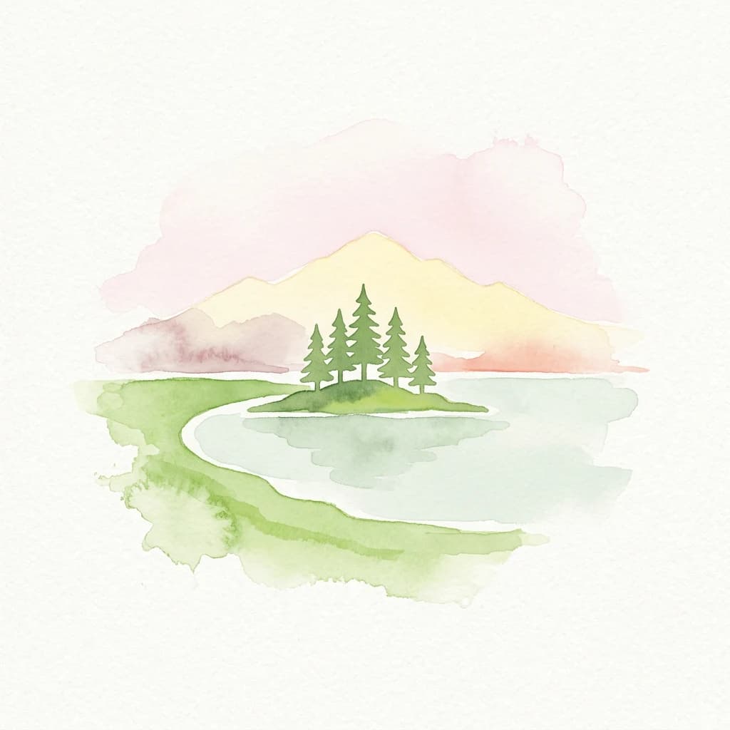 Watercolor painting of a small island with pine trees in a calm lagoon, set against mountains with a pink and yellow sky