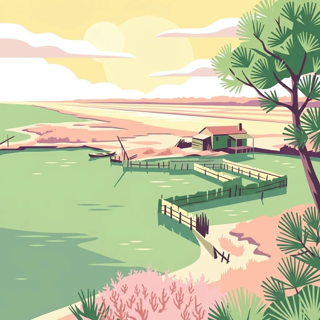 Stylized illustration of a coastal lagoon with a house, wooden fences, trees, and a small boat in the water under a partly cloudy sky