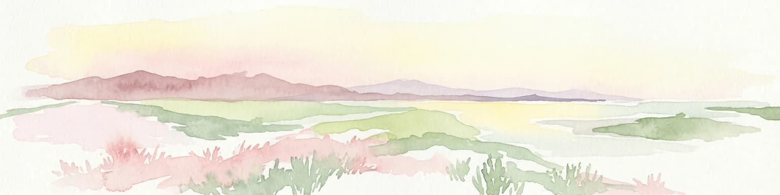Watercolor painting showing hills, green fields, a body of water, and vegetation under a soft sky