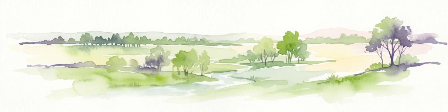 Ilustración en acuarela de un paisaje con árboles, campos abiertos y colinas distantes.