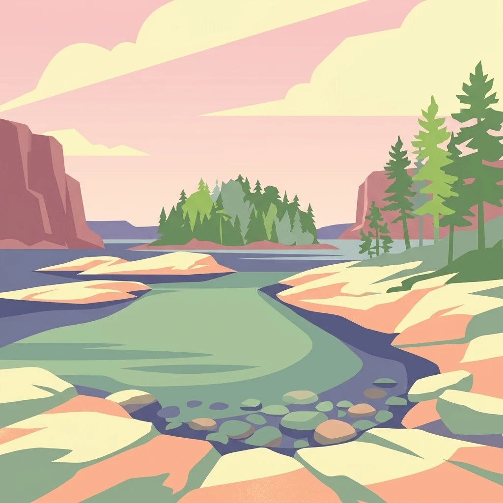 Stylized illustration of a coastal archipelago landscape with rocky cliffs, islands, water, and forested areas