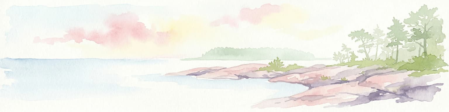 Watercolor painting of a coastal landscape featuring rocky shore, trees, and distant island under pink and blue sky