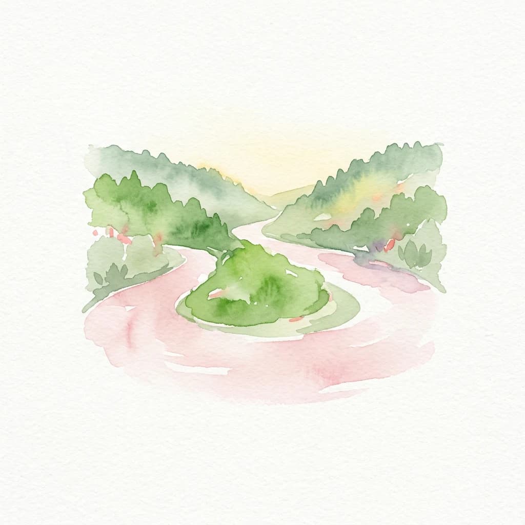 Watercolor illustration of a winding river flowing through green hills with a small island in the center