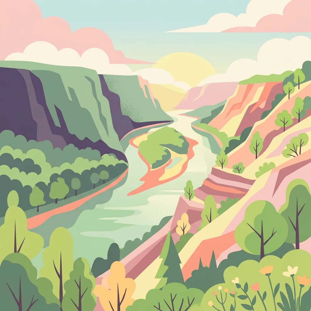 Stylized illustration of a river flowing through a canyon with steep cliffs and forested slopes