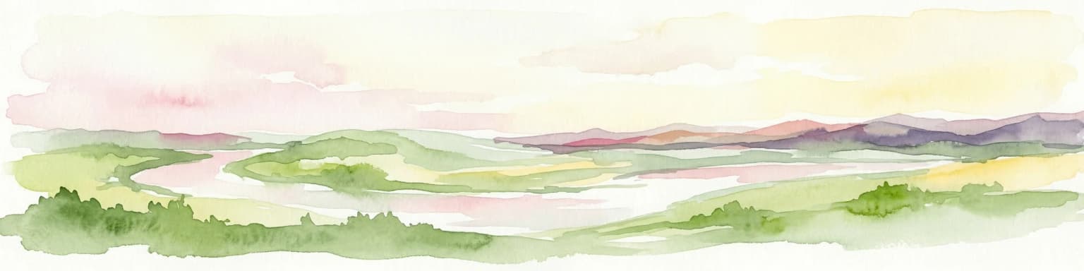 Watercolor illustration of a winding river through rolling green hills with distant mountains under a soft sky