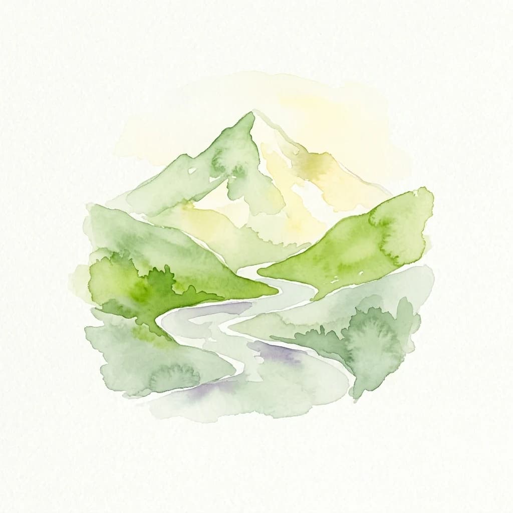 Watercolor illustration of green mountains, a winding river, and a pale sky