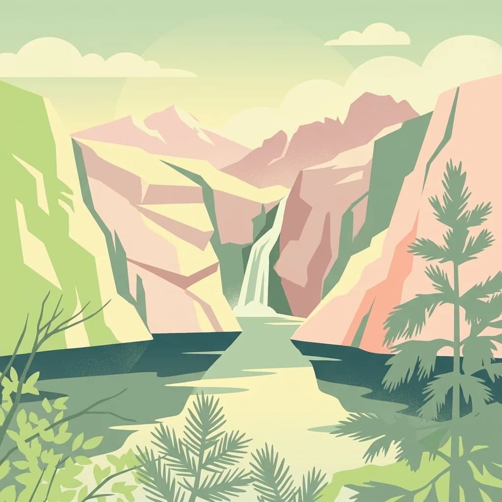 Stylized illustration of rocky mountains, a waterfall, a lake, and evergreen trees