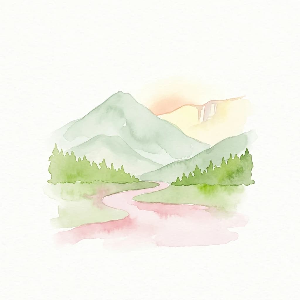 Watercolor illustration of mountains, a winding river, and forested hills under a sunset sky