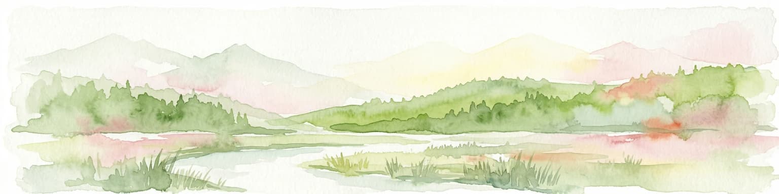 Watercolor illustration of a river flowing through a valley with mountains and forests in the background