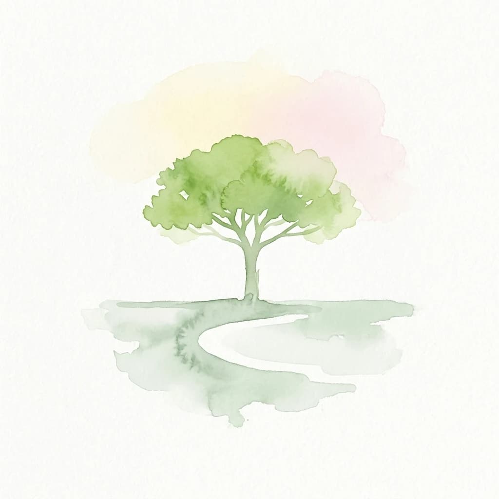 Watercolor illustration of a single green tree with a reflection in a body of water, set against a soft pastel background of pink and yellow clouds