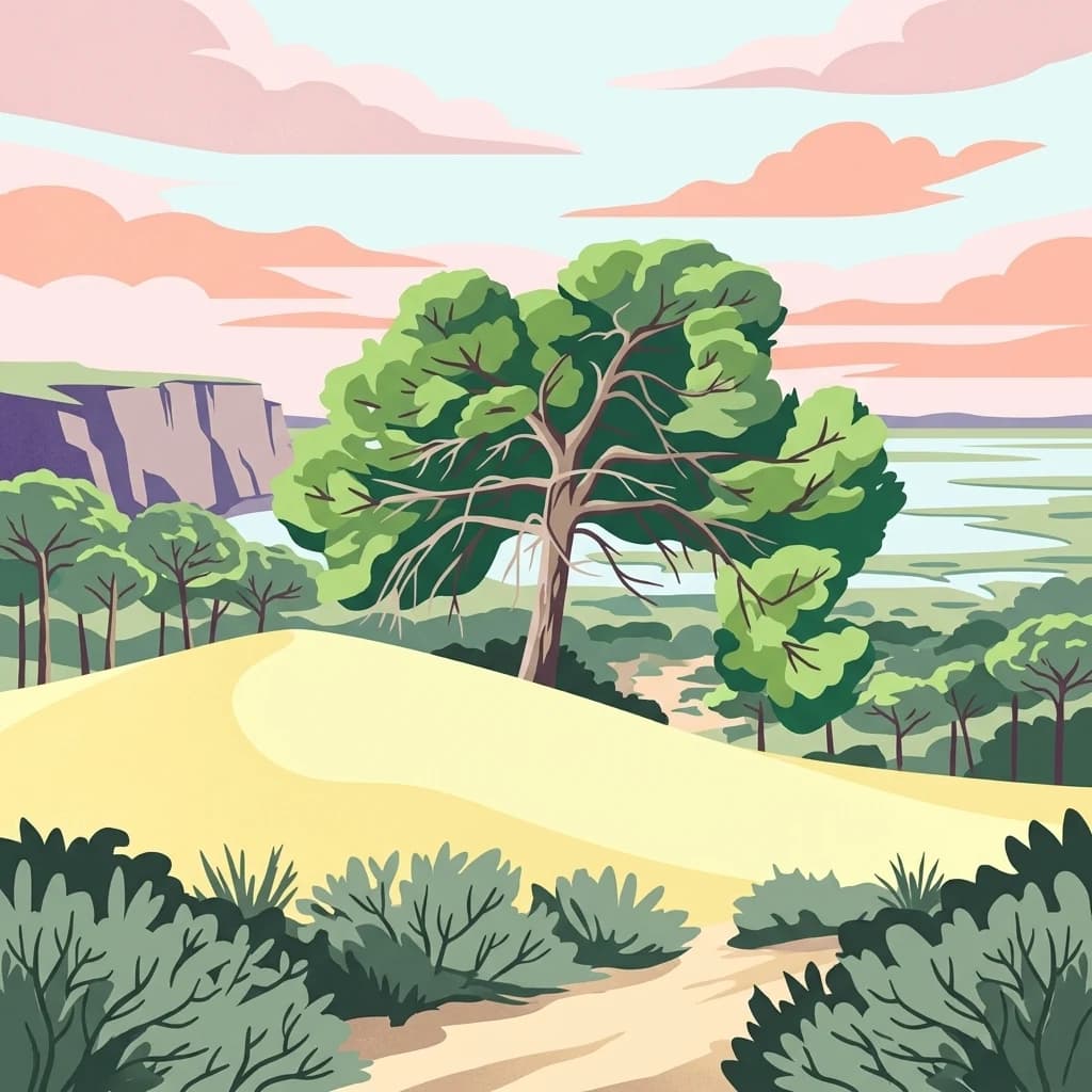 Stylized illustration of a sandy dune landscape with green vegetation, a large central tree, a cliff face on the left, and a body of water visible in the distance under a pink and blue sky