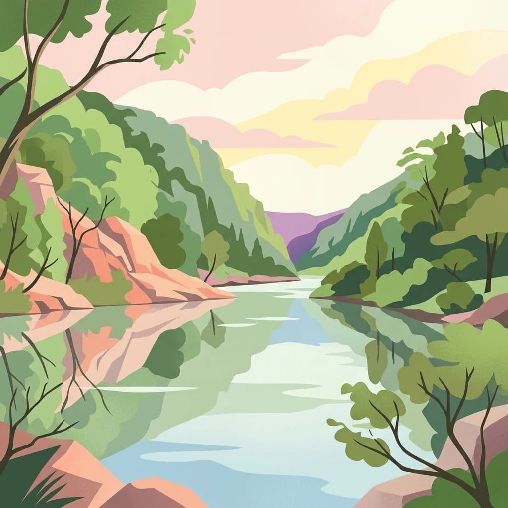 Illustration of a calm river reflecting mountains and trees under a partly cloudy sky