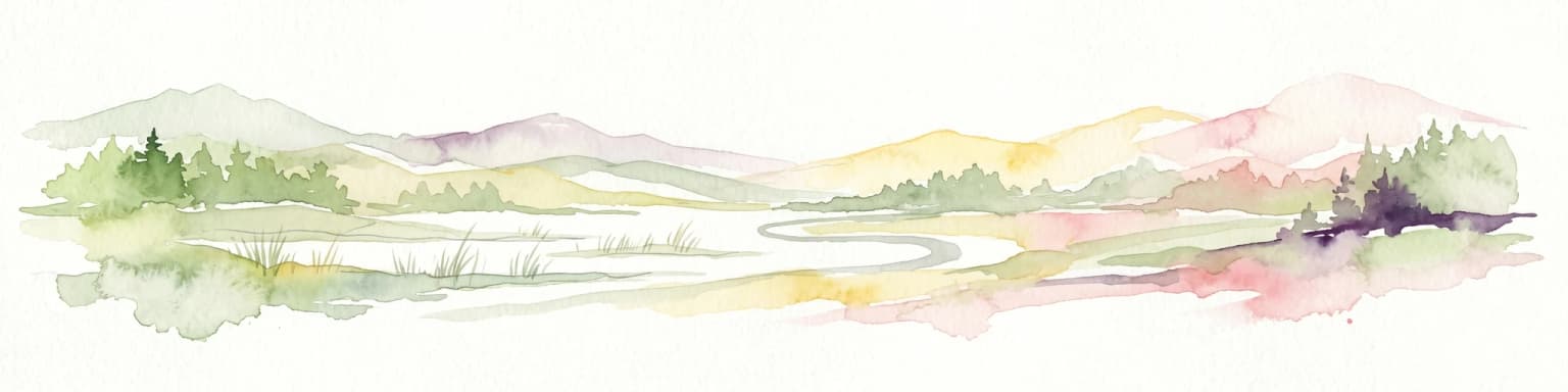 Ilustración en acuarela de un paisaje con colinas, árboles y un río sinuoso