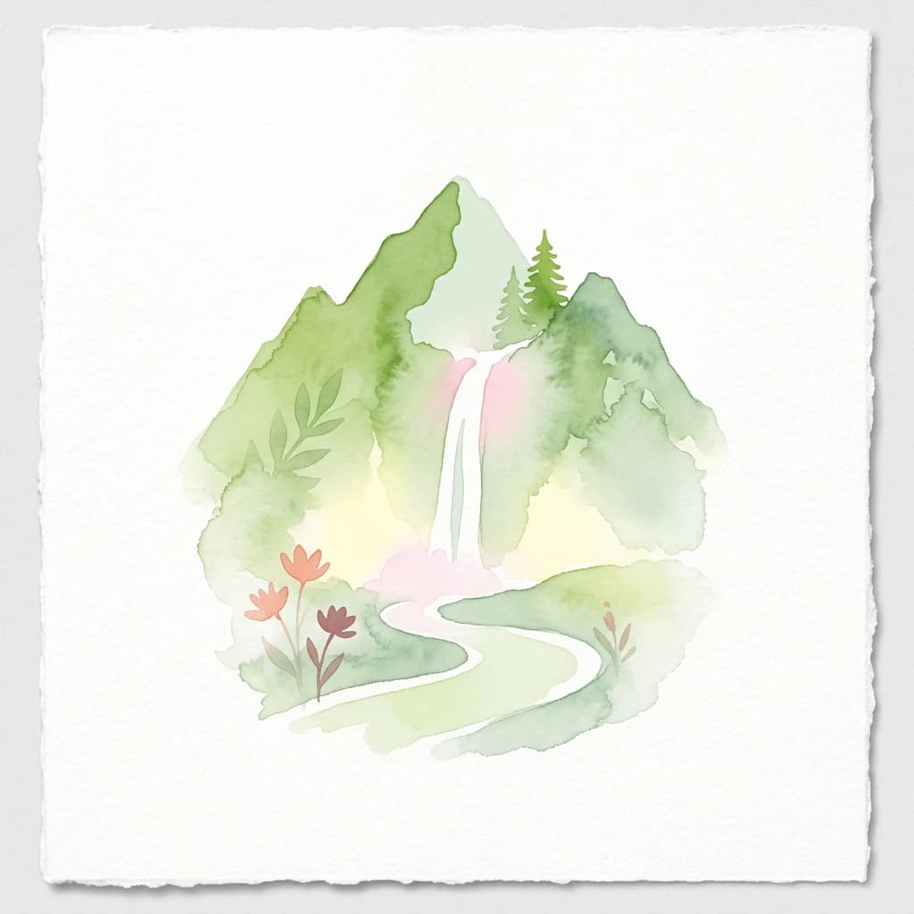 Watercolor painting showing stylized mountains with a waterfall, winding path, and flowers