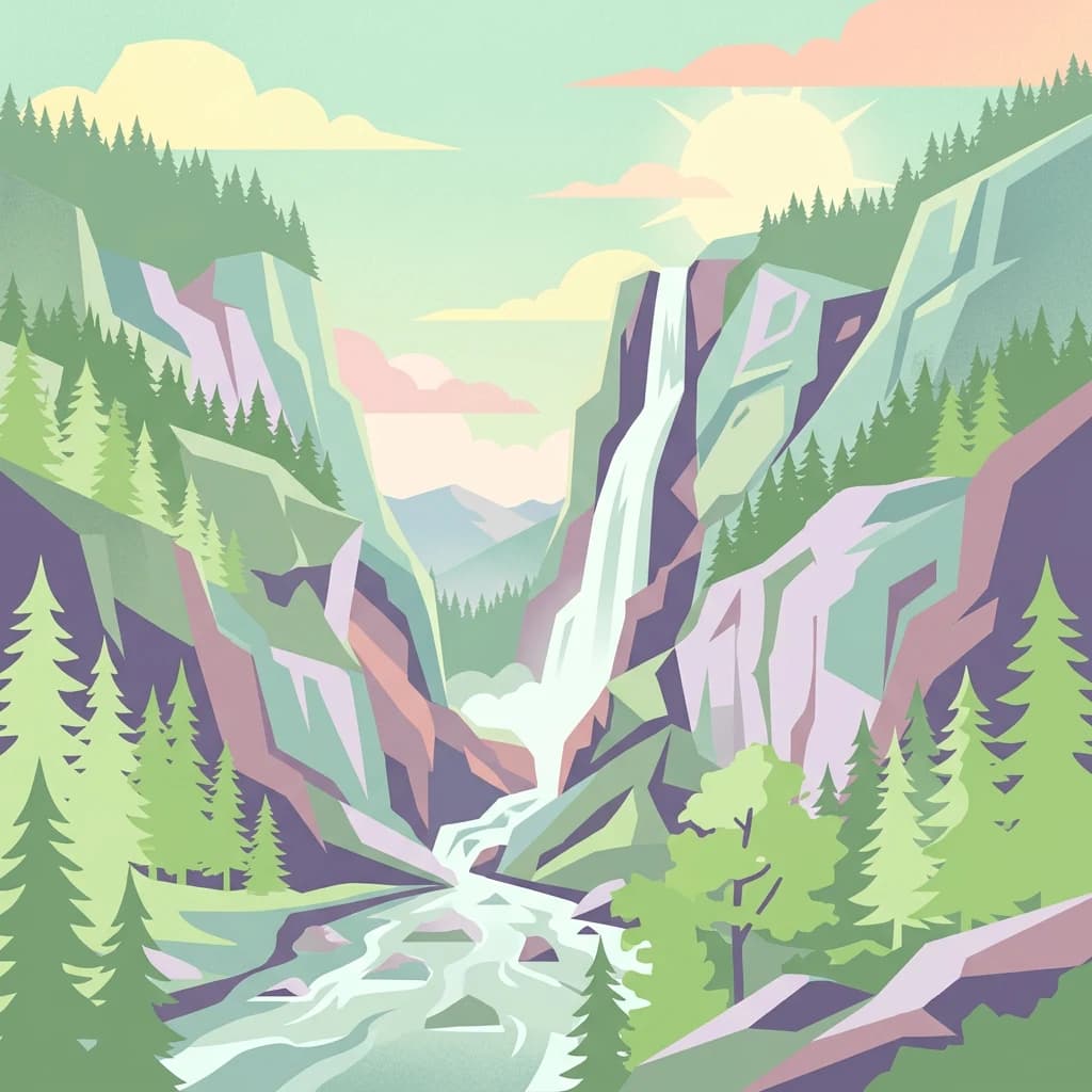 Stylized illustration of a mountain landscape featuring a waterfall, river, and forested slopes