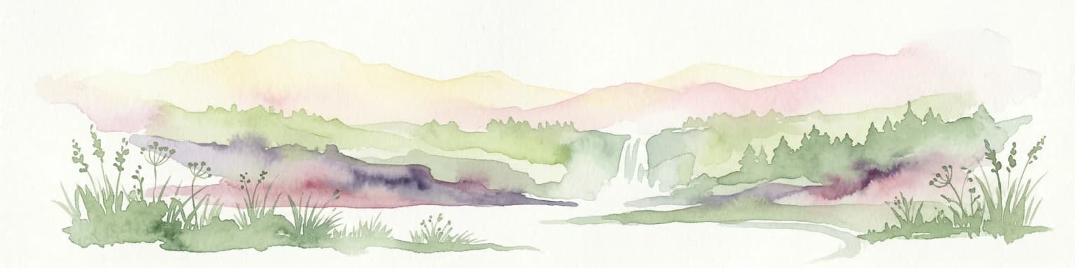 Watercolor painting showing a mountainous landscape with a waterfall, grassy fields, and wildflowers