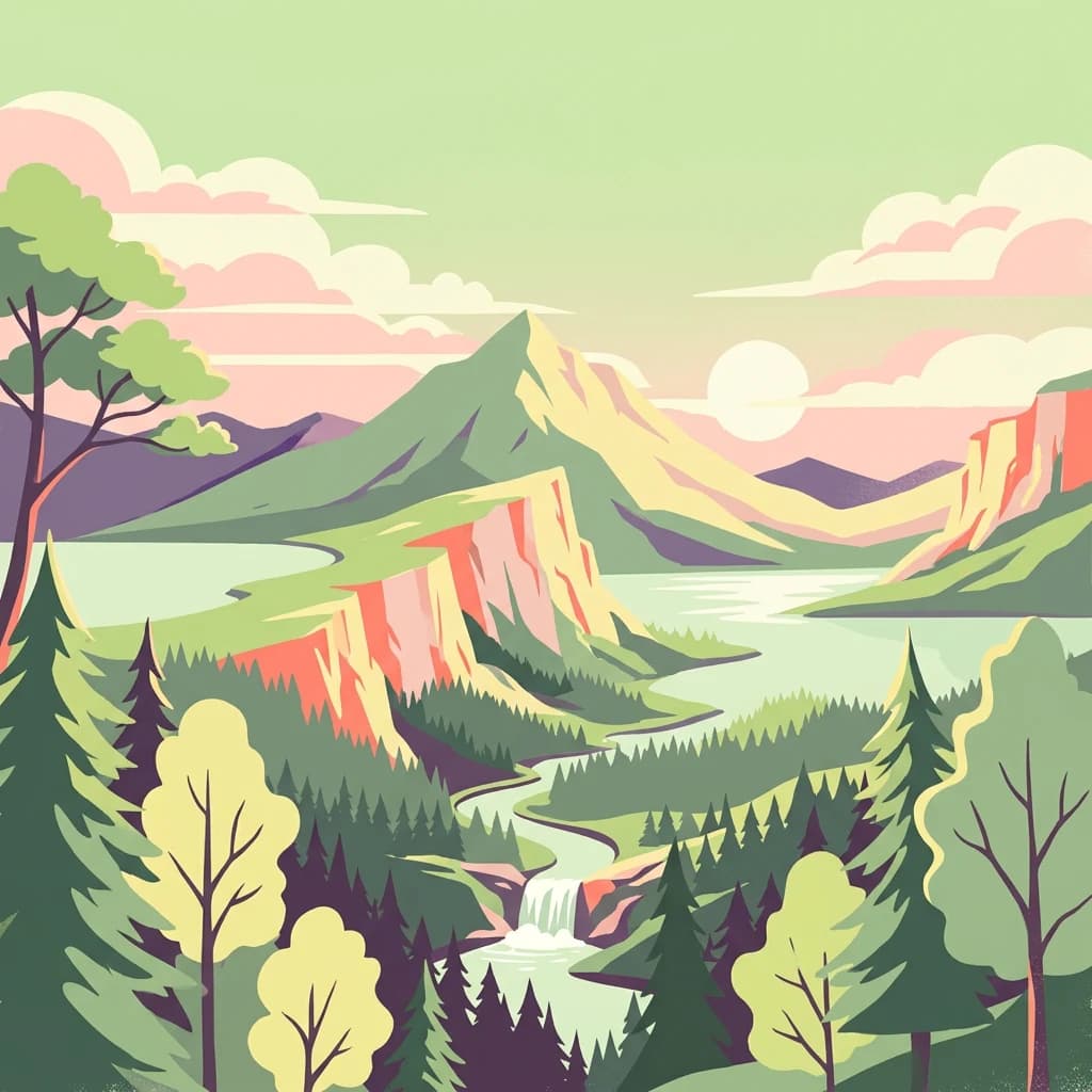 Illustration showing a river flowing through a valley with forests, mountains, a waterfall, and a lake under a partly cloudy sky