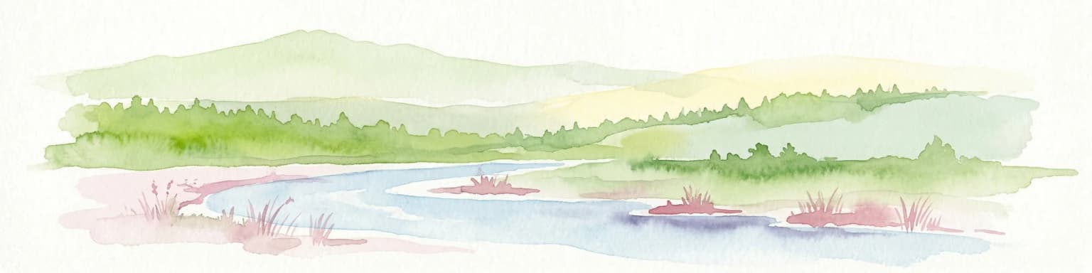 Watercolor painting depicting a river flowing through a forested landscape with hills in the background