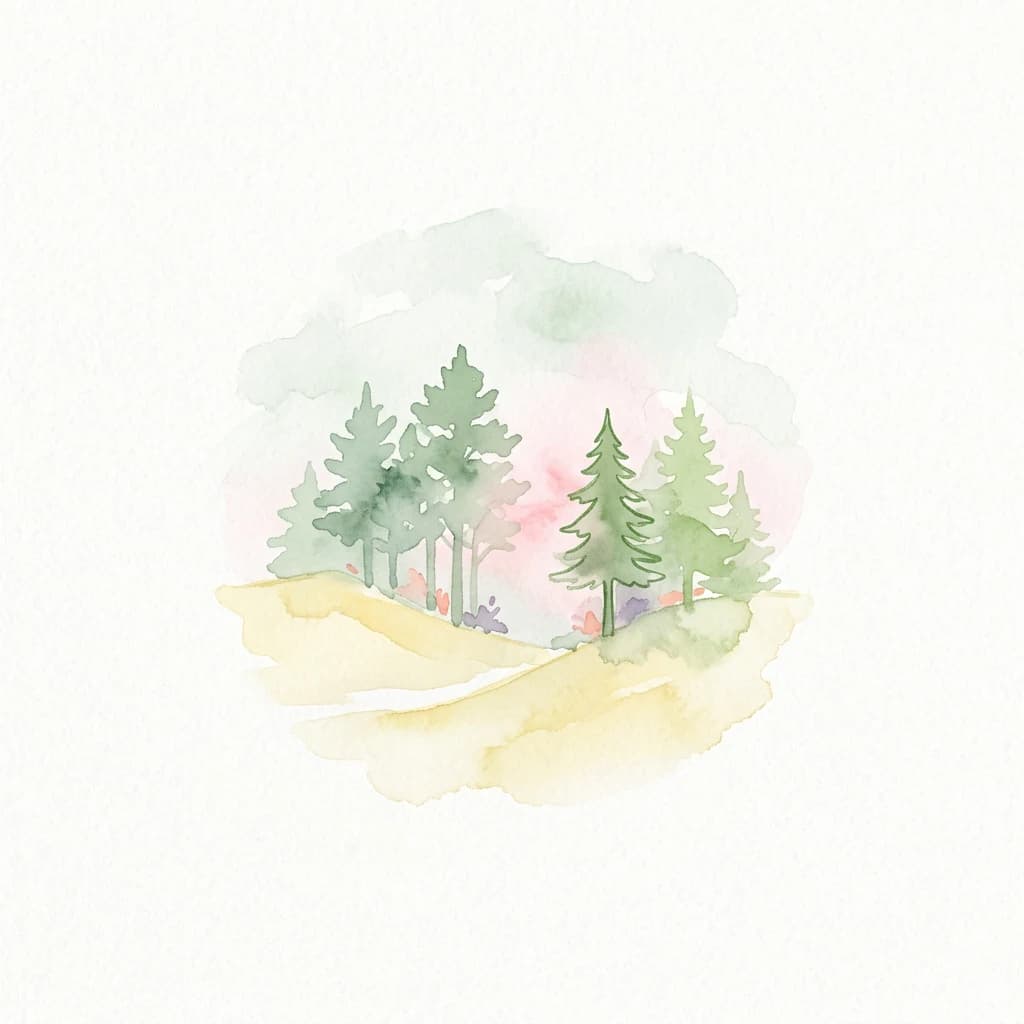 Watercolor painting of a forested landscape with green trees on a yellow hillside and soft pink and green sky background
