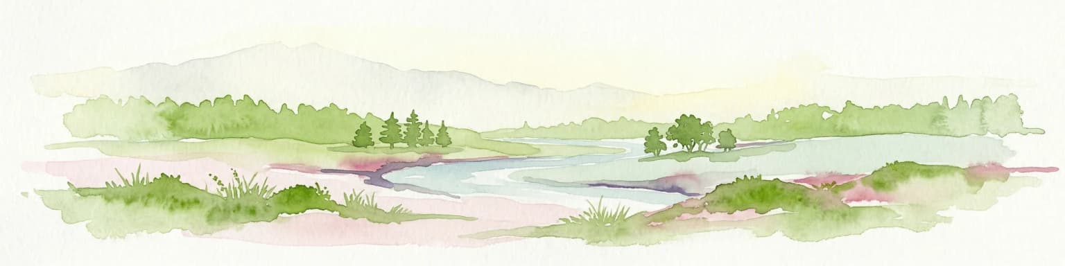 Watercolor illustration of a landscape with green fields, trees, a body of water, and distant hills under a light sky