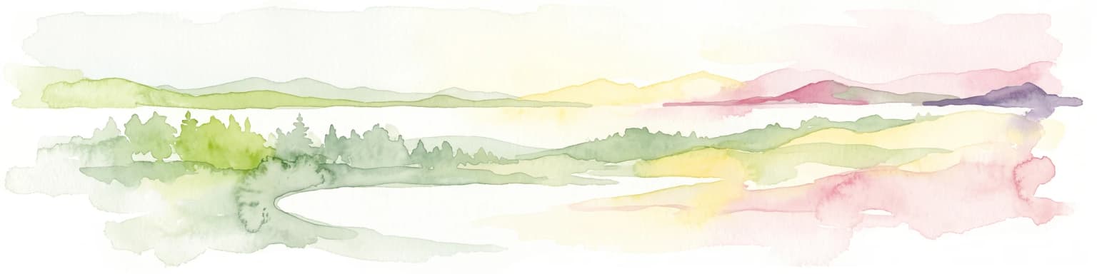 Watercolor painting of a soft landscape featuring distant hills and foreground vegetation in shades of green, yellow, and soft red.