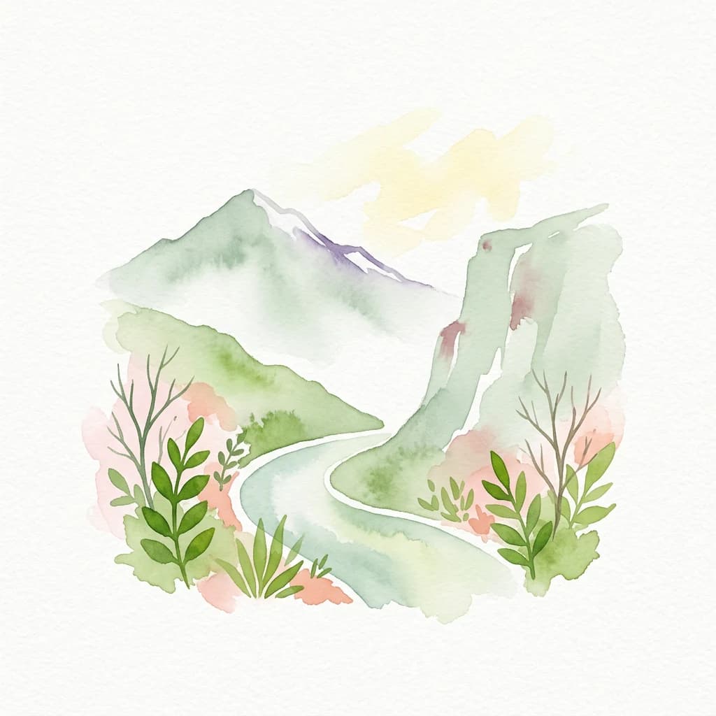 Watercolor illustration of a winding river through mountainous terrain with green vegetation and soft pastel colors
