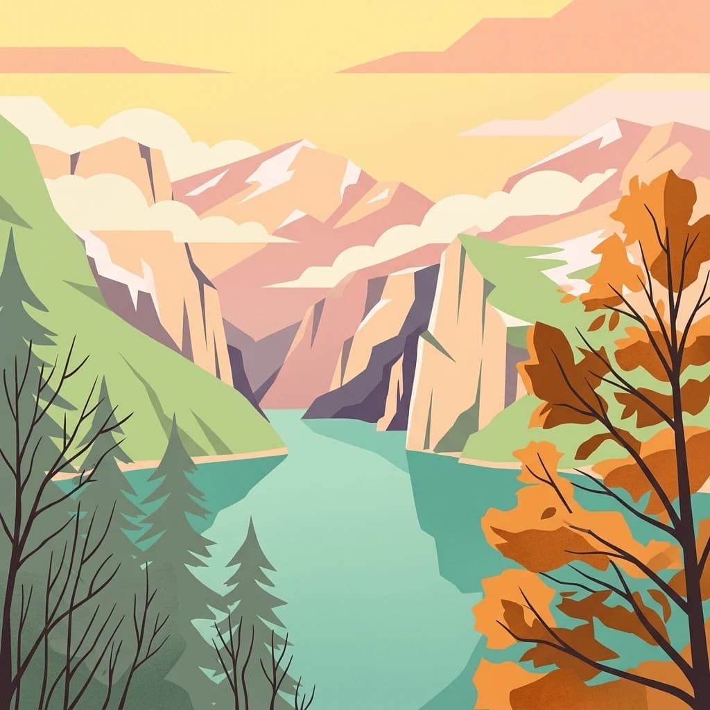 Stylized illustration of a river flowing through a mountainous canyon with trees