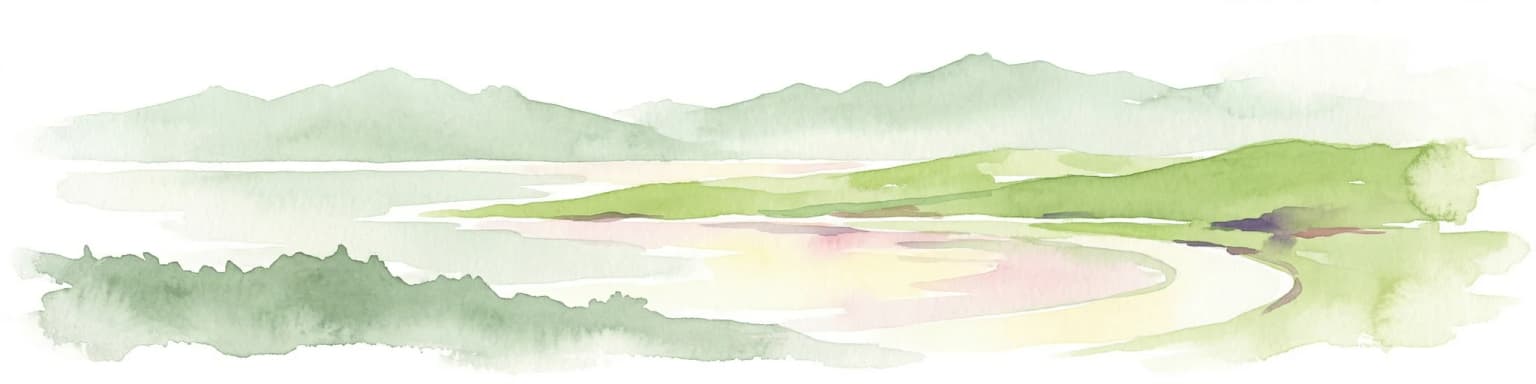 Watercolor painting showing a river canyon with mountains in the background and green vegetation in the foreground