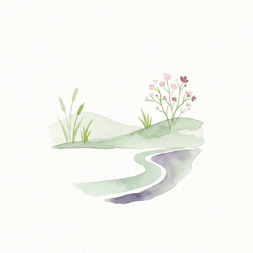 Watercolor illustration of a stream flowing through a landscape with grasses and small pink flowers