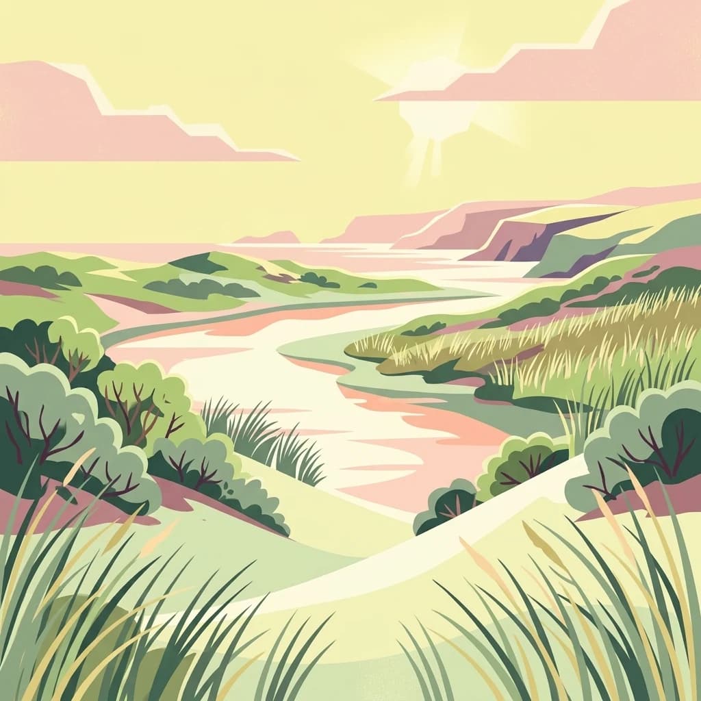 Stylized illustration of sandy dunes, green vegetation, and a winding river under a sunset sky