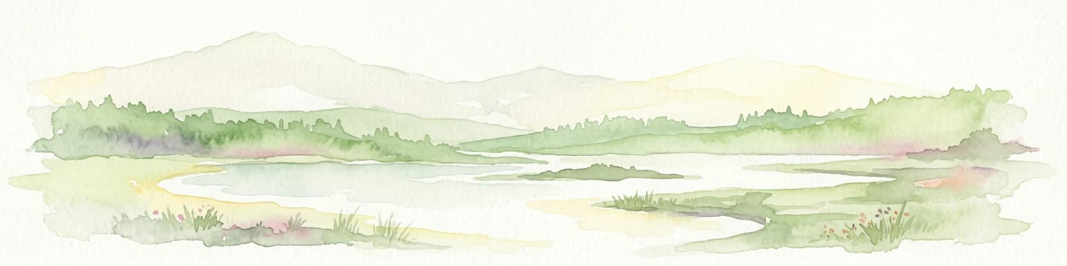 Watercolor painting of a coastal landscape featuring dunes, a lake, and distant mountains