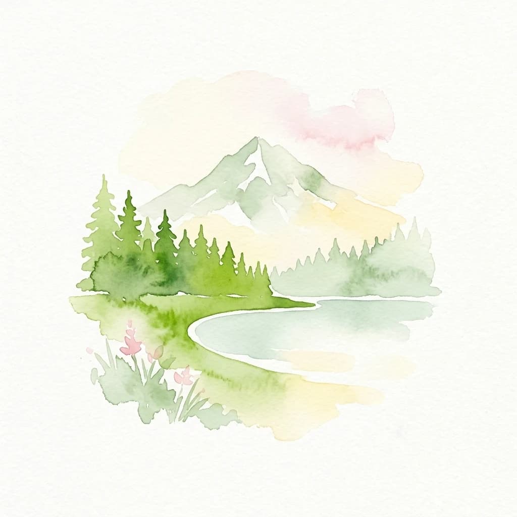 Ilustración en acuarela que muestra un pico de montaña, un lago, un bosque de coníferas y flores silvestres rosas