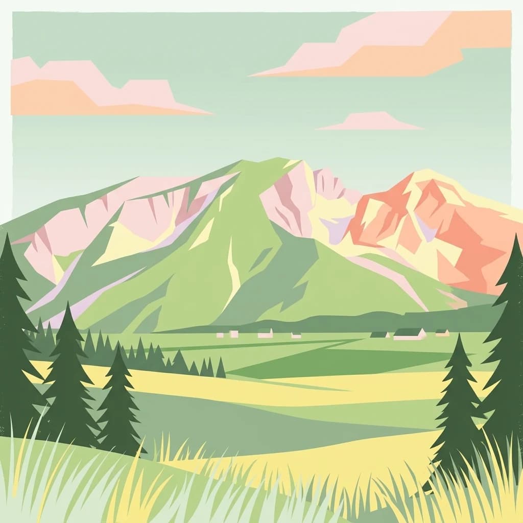 Illustration of green mountains, pine forests, and rolling fields under a sky with pink and orange clouds