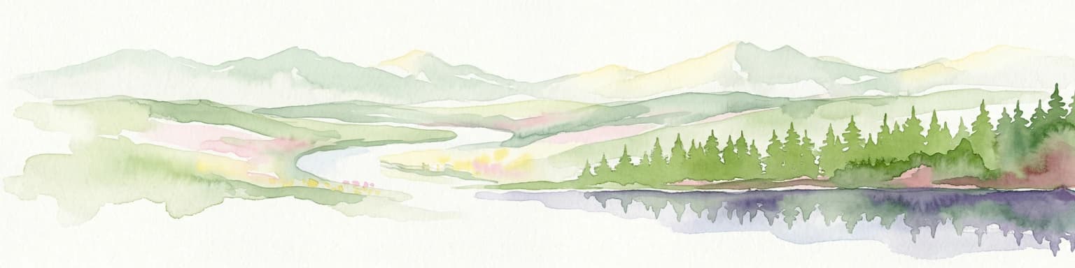 Watercolor illustration showing mountains, a winding river, and forested areas