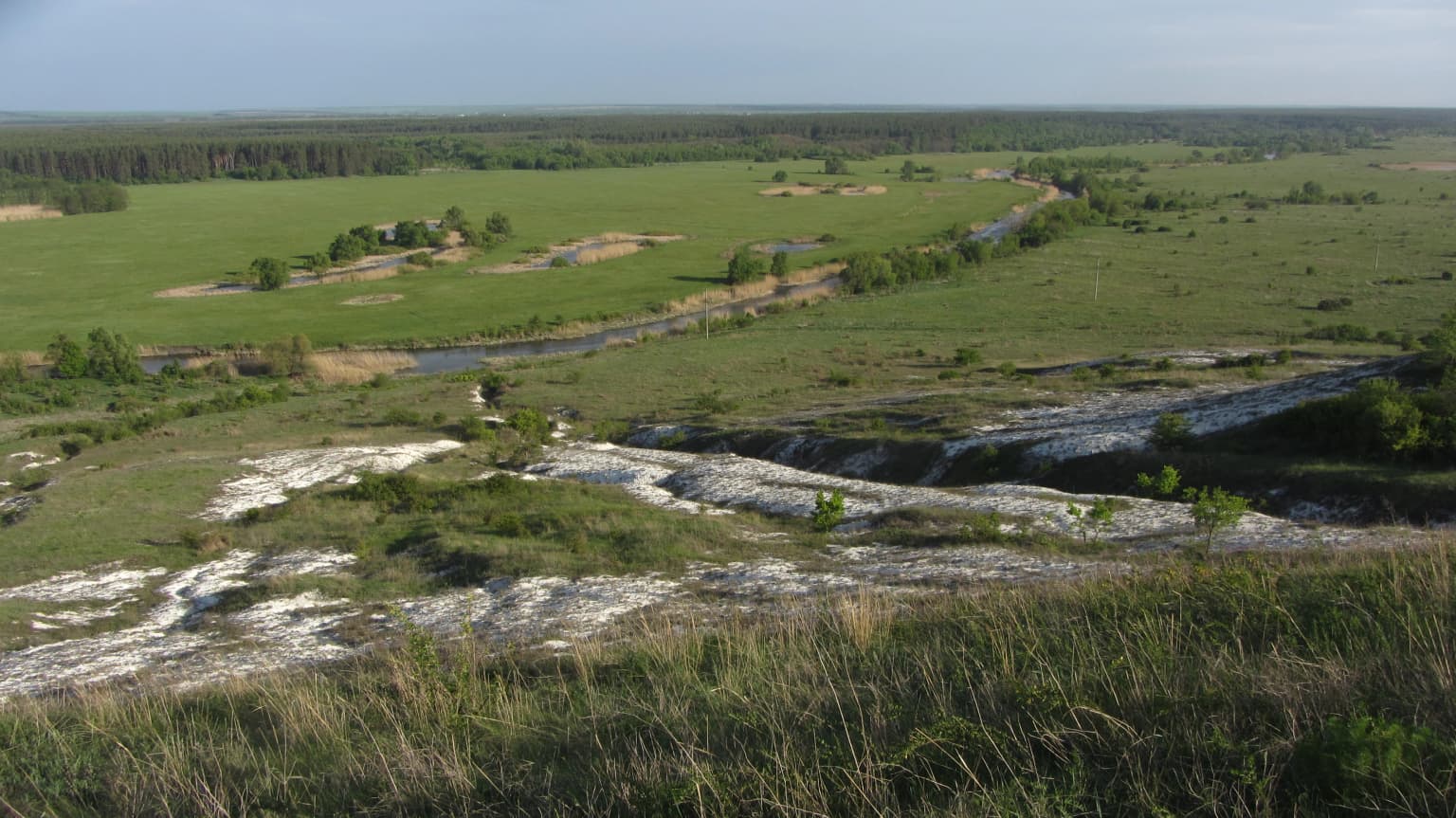 Wide landscape view of the Oskil River valley with grassy plains, rocky limestone formations, and distant forest under clear sky