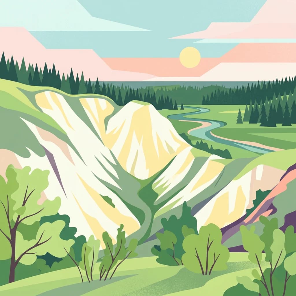 Illustrated landscape showing a river valley with light-colored hills, green forests, and a sun setting in the sky