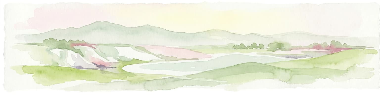 Watercolor illustration of a river valley with hills, green fields, and distant mountains under a soft sky