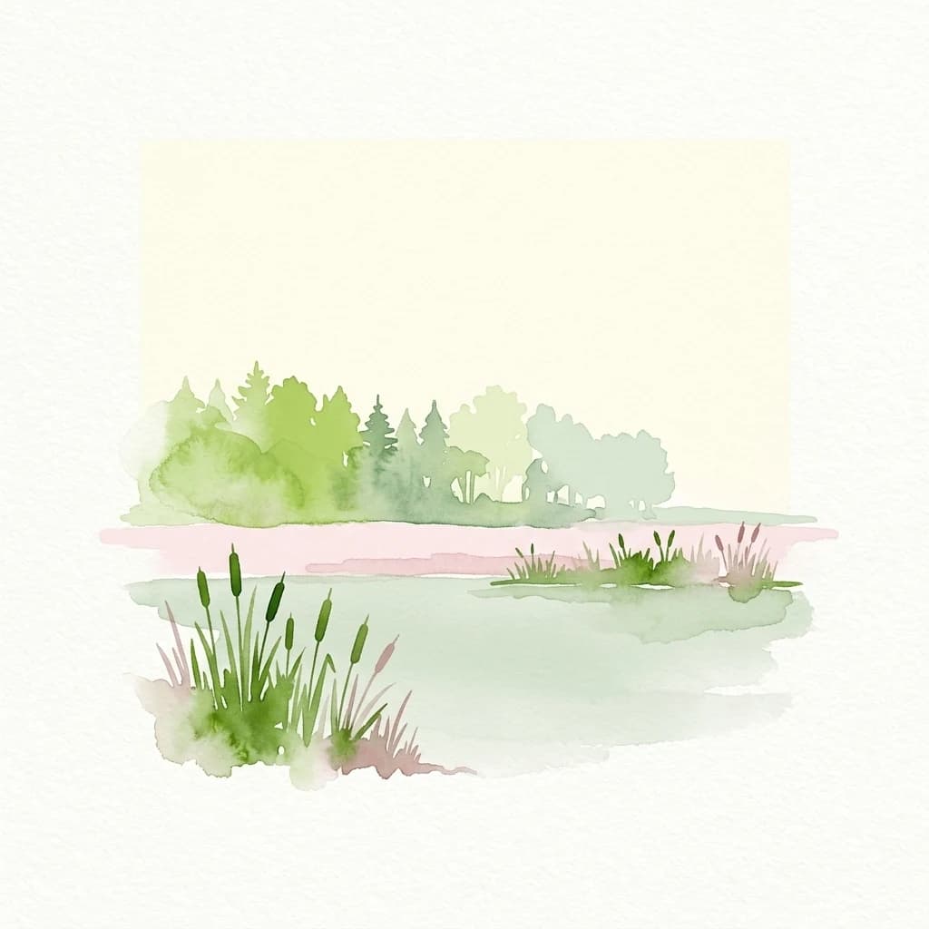 Watercolor illustration of a wetland landscape with reeds, calm water, and distant trees under a light sky
