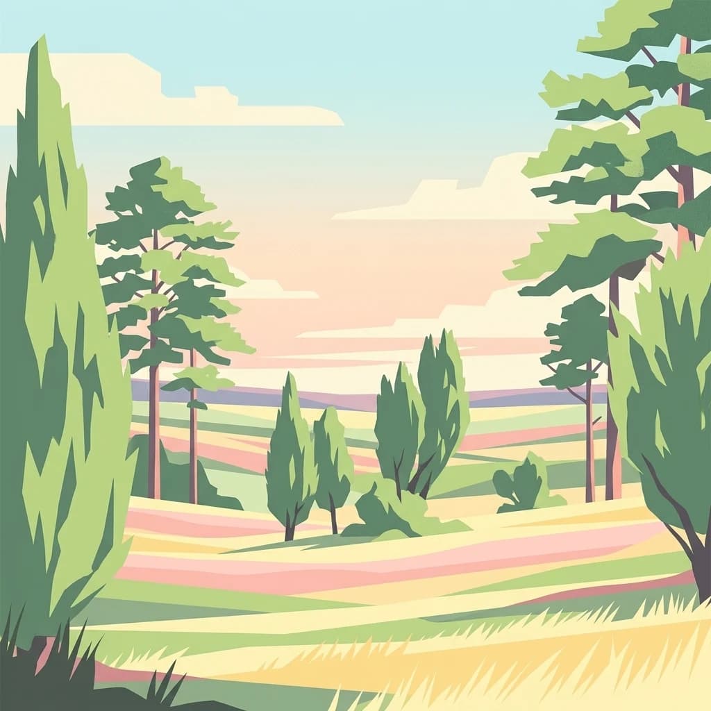 Stylized illustration of rolling meadows with colorful striped fields, scattered trees, and a blue sky with clouds
