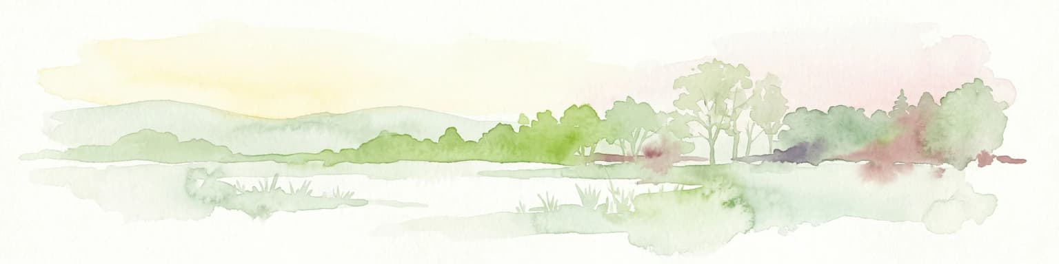 Watercolor painting depicting a body of water, trees, and distant hills under a light sky