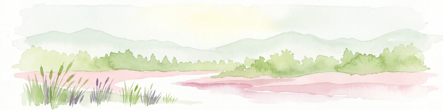 Una ilustración horizontal en acuarela que representa suaves colinas verdes al fondo, una línea de árboles de verde claro en el plano medio, y vegetación en primer plano con juncos altos cerca de un canal de agua rosado y tranquilo.