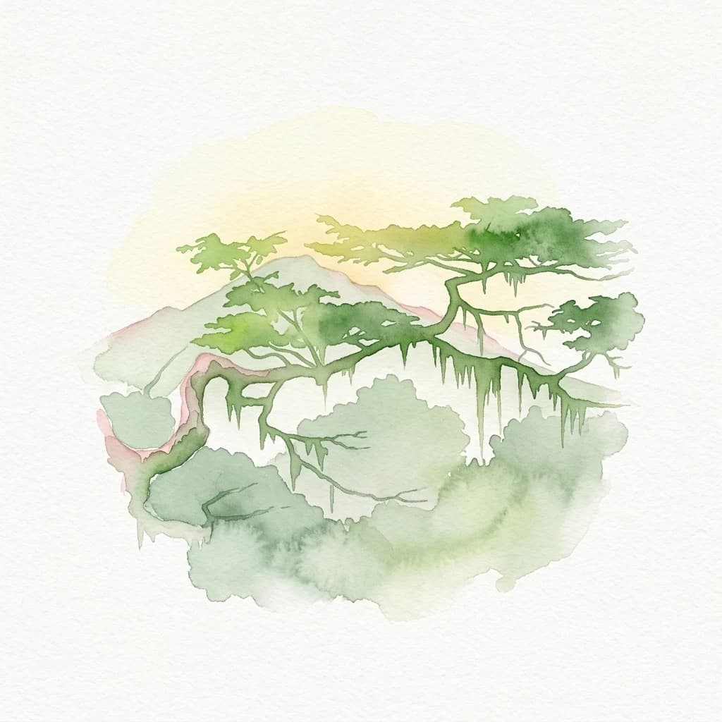 Watercolor illustration of green trees and mountains with soft yellow and pink accents