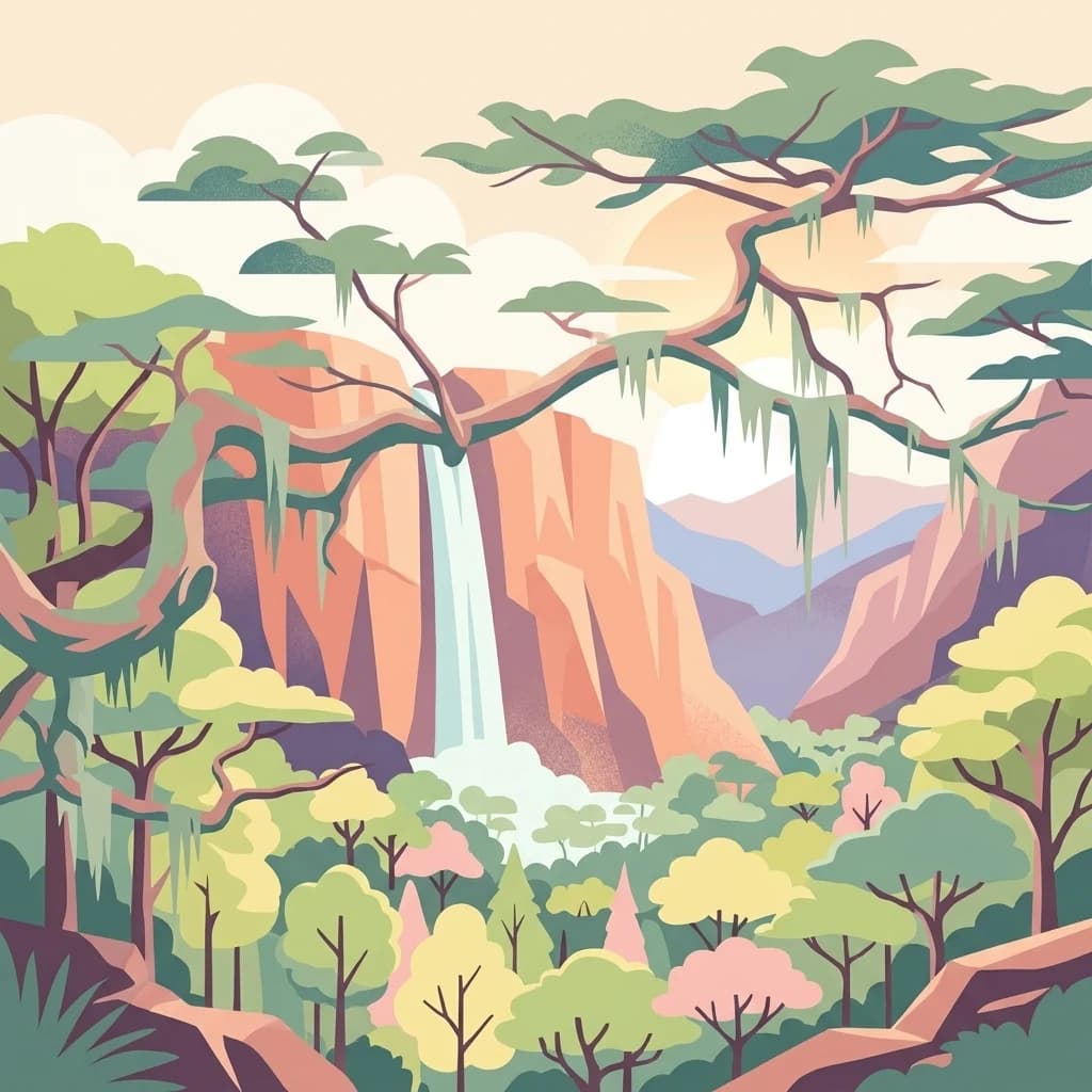 Ilustración estilizada de una cascada que cae de un acantilado rocoso rodeado de árboles y montañas