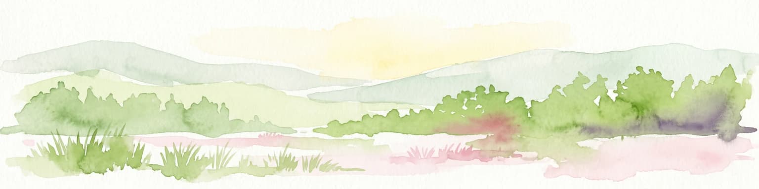 Pintura acuarela que muestra colinas onduladas, vegetación verde y un área de río rosado