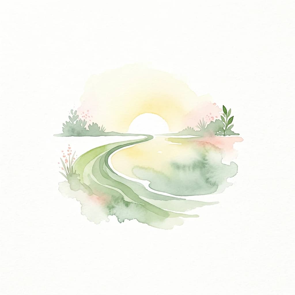 Watercolor illustration showing a winding path leading to a sun setting over a body of water with vegetation on both sides